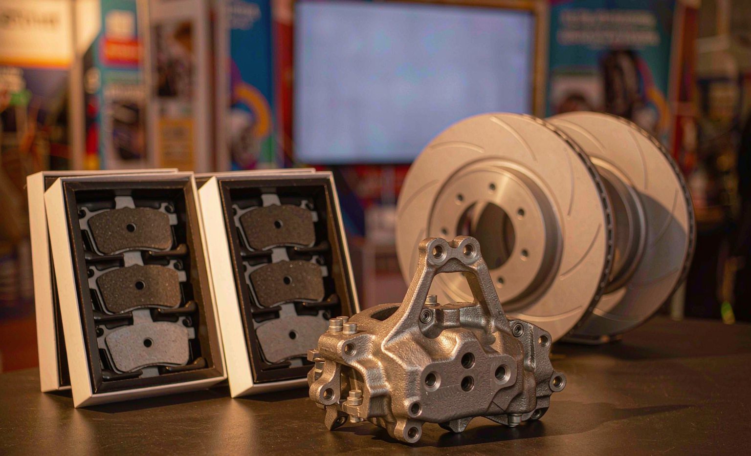 Brake pads, rotors and calipers displayed for wholesale buyers at Canton Fair Phase 1
