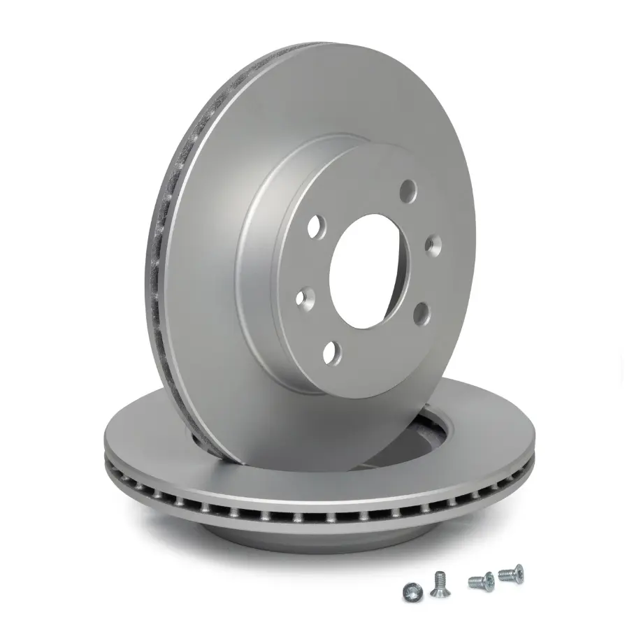 Hyundai Kia ventilated brake rotor pair with mounting hardware — OEM-grade cast iron disc brake rotors for wholesale export from Kingmay Auto Parts China