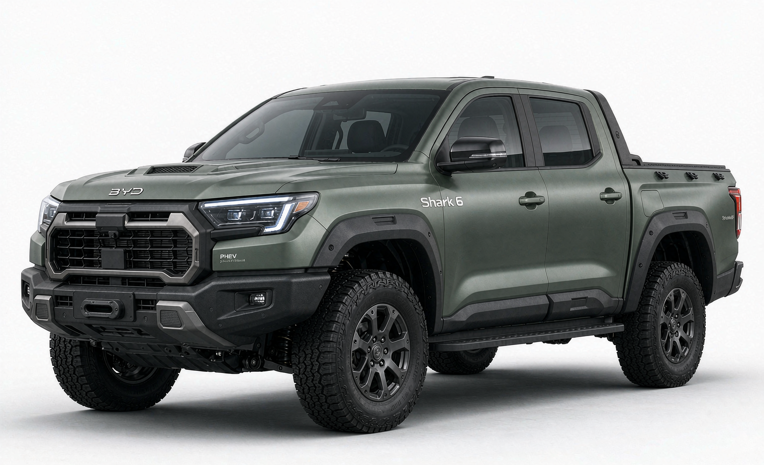 2026 BYD Shark 6 plug-in hybrid pickup truck export from China — DMO platform, 430hp, 650Nm, 100km EV range, 840km combined, 2500kg towing, FOB from $31,800 Nansha for Saudi Arabia UAE Nigeria Kenya Australia