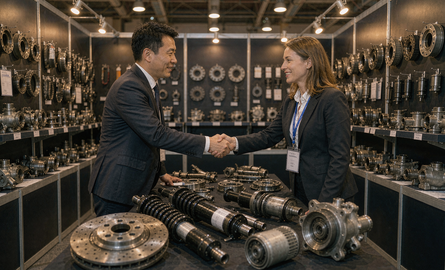 Buyers negotiating with an auto parts supplier at a Canton Fair booth displaying brake discs, shock absorbers and filters