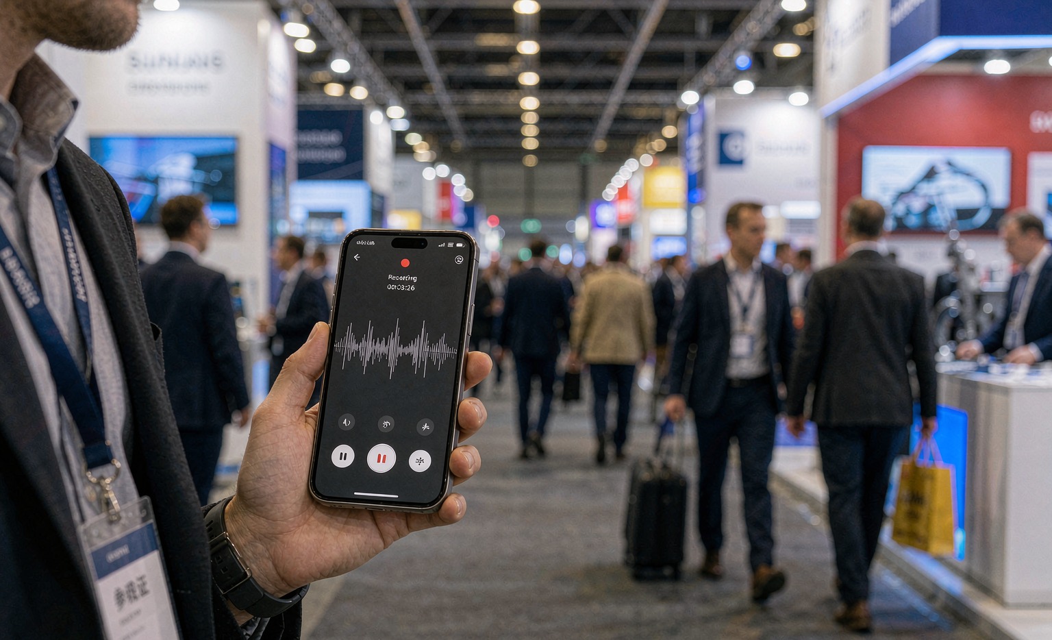 Buyer hand holding a smartphone recording a voice memo in front of a busy trade fair aisle, exhibition hall background blurred with bokeh, the buyer wearing a lanyard with a buyer badge