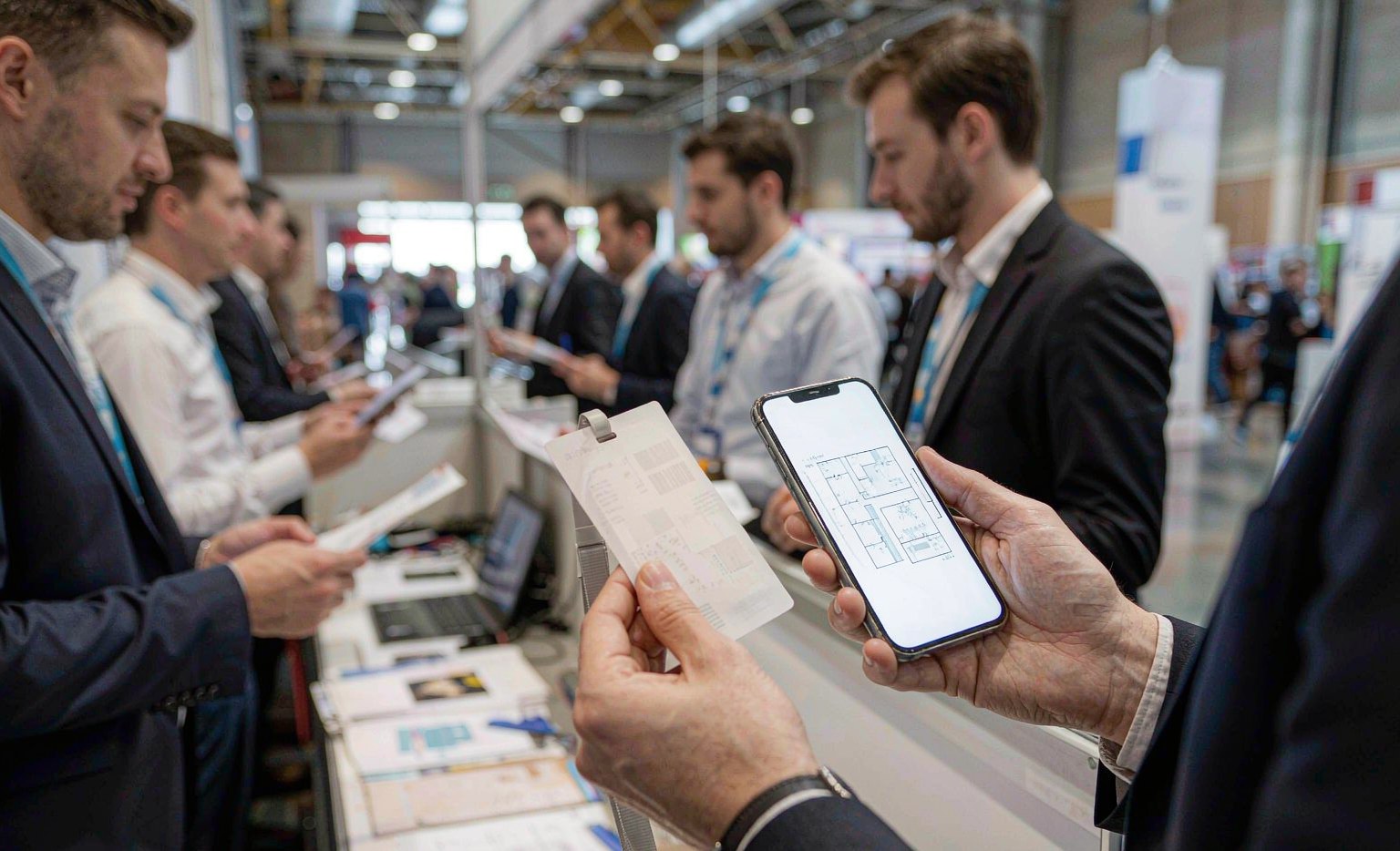 Overseas buyer at a Canton Fair registration desk holding a badge and phone with the venue navigation app open, Pazhou complex entrance, illustrating canton fair opening day preparation