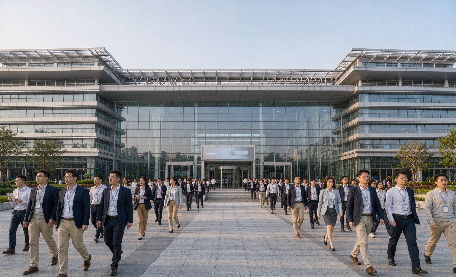 Overseas buyers arriving at the entrance plaza of the Pazhou exhibition complex on the opening morning of Canton Fair Phase 1, illustrating a day-one game plan for auto parts buyers