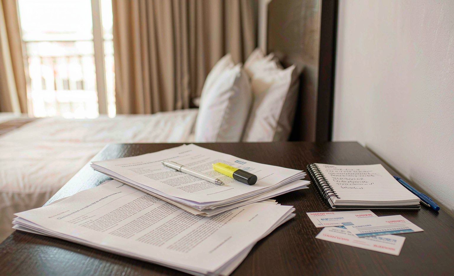 Printed supplier quotations, business cards and a notebook on a hotel desk, illustrating a 48-hour shortlisting routine after Canton Fair Phase 1