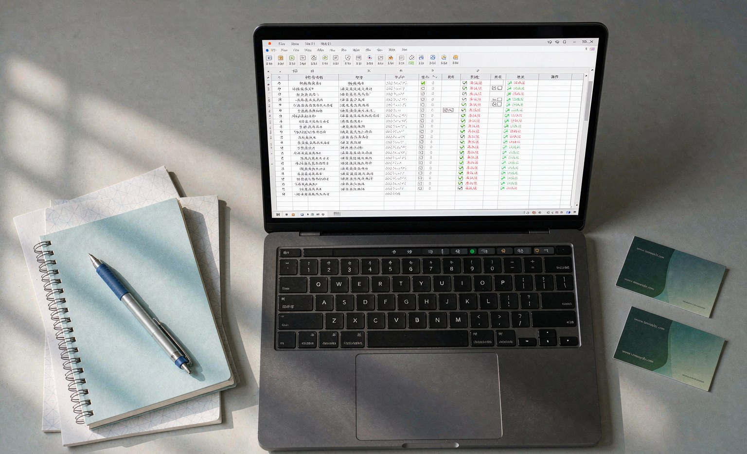 A laptop screen showing a supplier comparison spreadsheet with one row per supplier and columns for price, MOQ and lead time beside a notebook and business cards