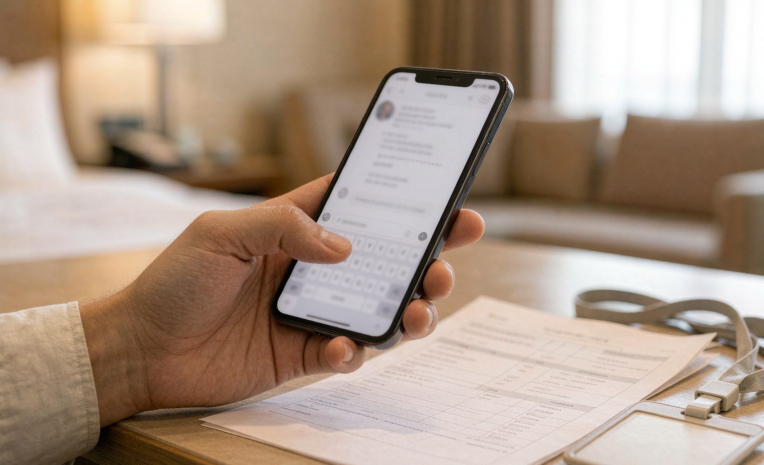 A hand holding a smartphone composing a follow-up message in a messaging app beside a printed supplier list on a hotel desk
