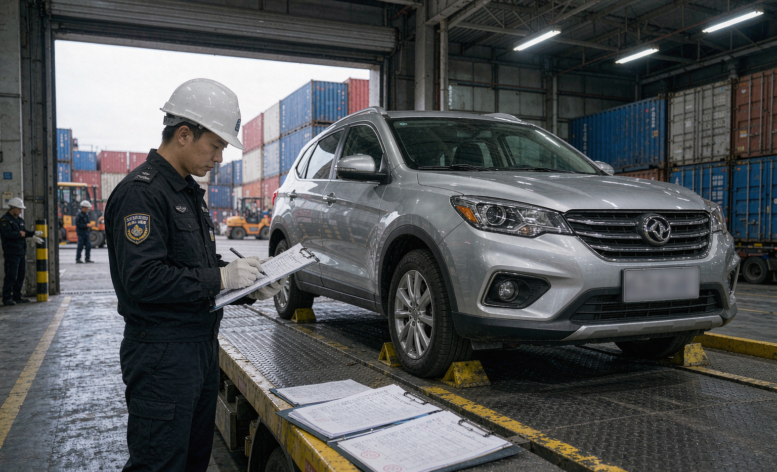 Export vehicle quality inspection and shipping documentation check at a Chinese port logistics center before vessel loading