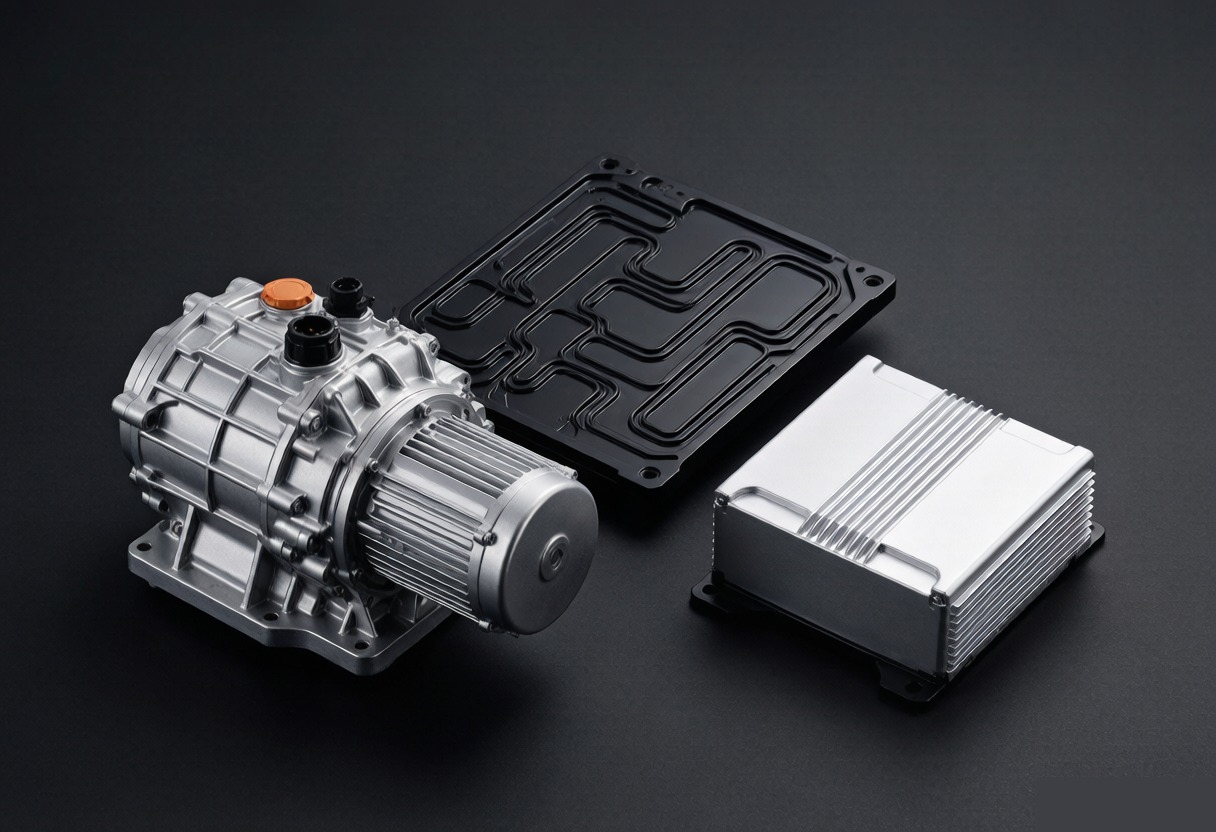 Chinese EV parts wholesale from Guangzhou — battery cooling plates, e-axle drive units, on-board chargers and high-voltage components