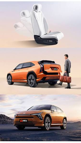 DF Honda S7 2025 EV SUV feature composite — white Nappa leather seats with ventilation, orange rear view showing powered tailgate and cargo space, front view on mountain road demonstrating all-terrain capability