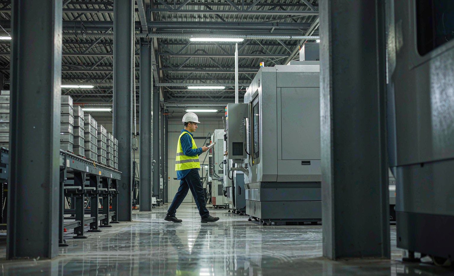 Auditor in a hi-vis vest walking an auto parts production floor past CNC machines and stacked components with a clipboard, representing a factory audit China for auto parts suppliers
