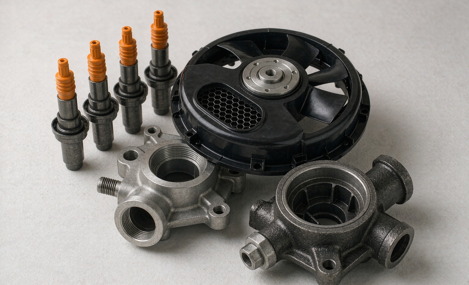 Hyundai/Kia 1.5T Gamma II engine accessories and cooling parts: ignition coils, radiator fan, water pump, thermostat housing, on a clean workshop bench