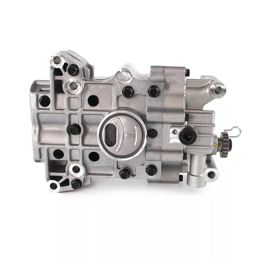 Hyundai Kia engine oil pump assembly with integrated balance shaft module — showing pump housing, pressure relief valve, drive gear and mounting points for G4NA engine