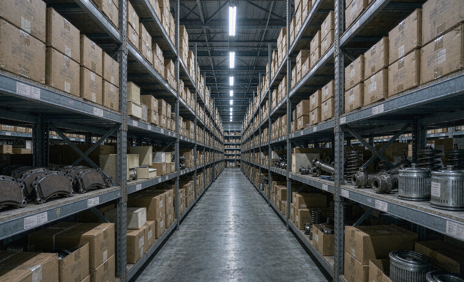 Warehouse shelving stacked with boxed Hyundai and Kia replacement parts including brake pads, filters and suspension components