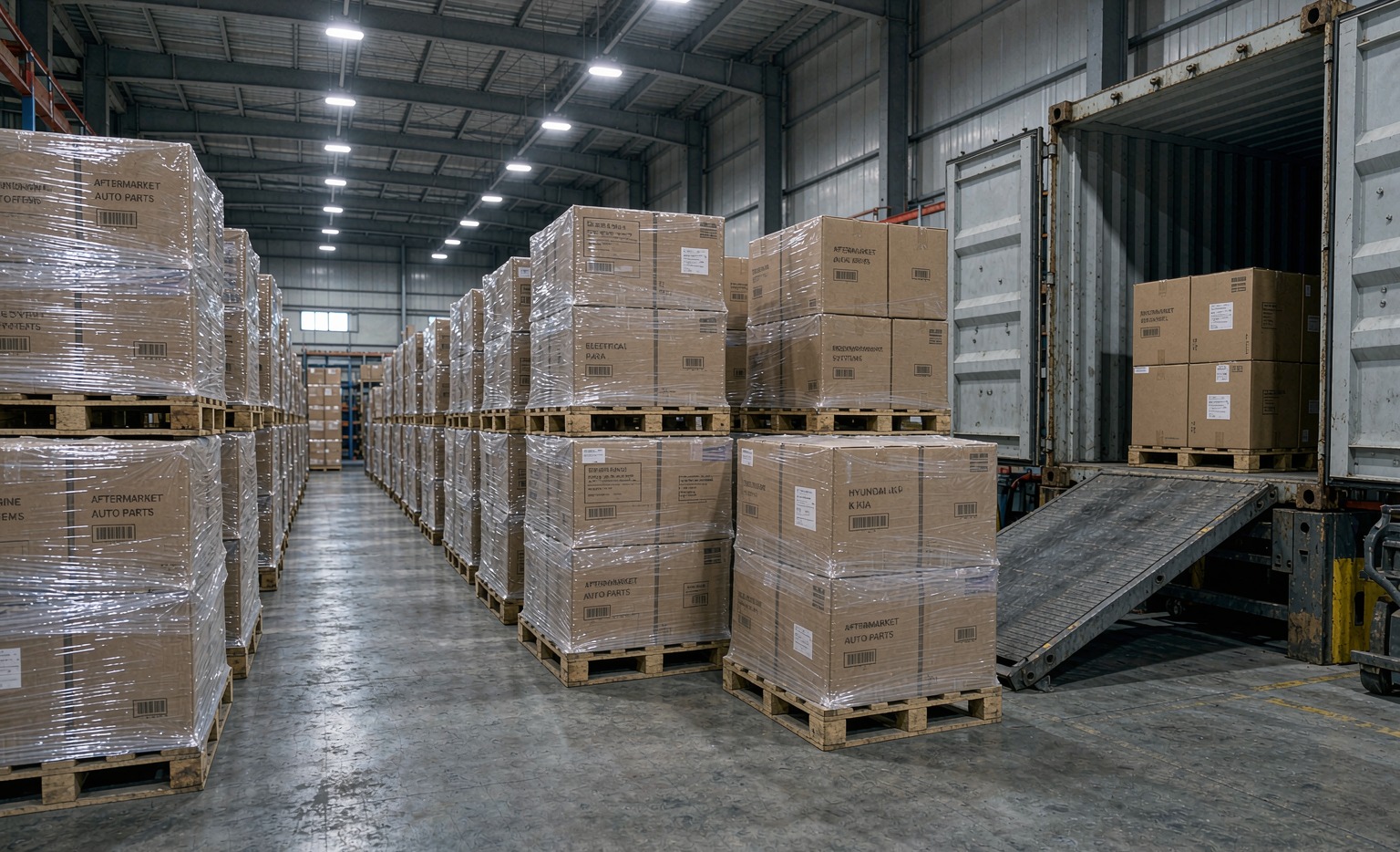 Hyundai/Kia aftermarket wholesale parts on pallets wrapped and ready for 40HQ container loading at a Guangzhou export warehouse, with Khorgos port shipping labels visible