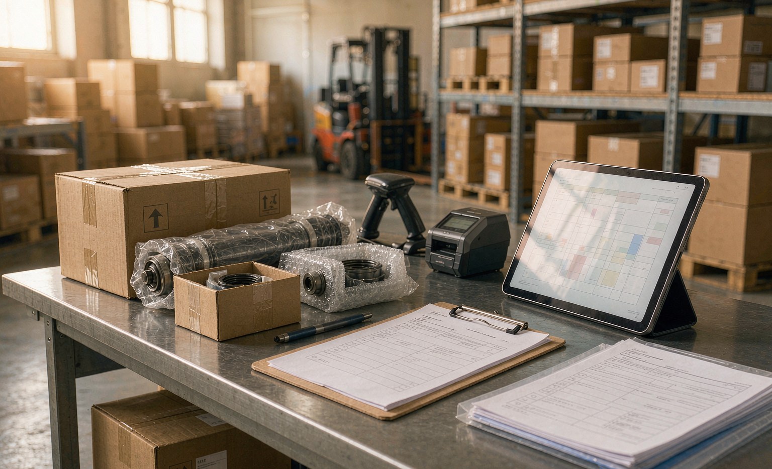 Export counter with boxed auto parts, a packing list and shipping documents for a Korean parts order