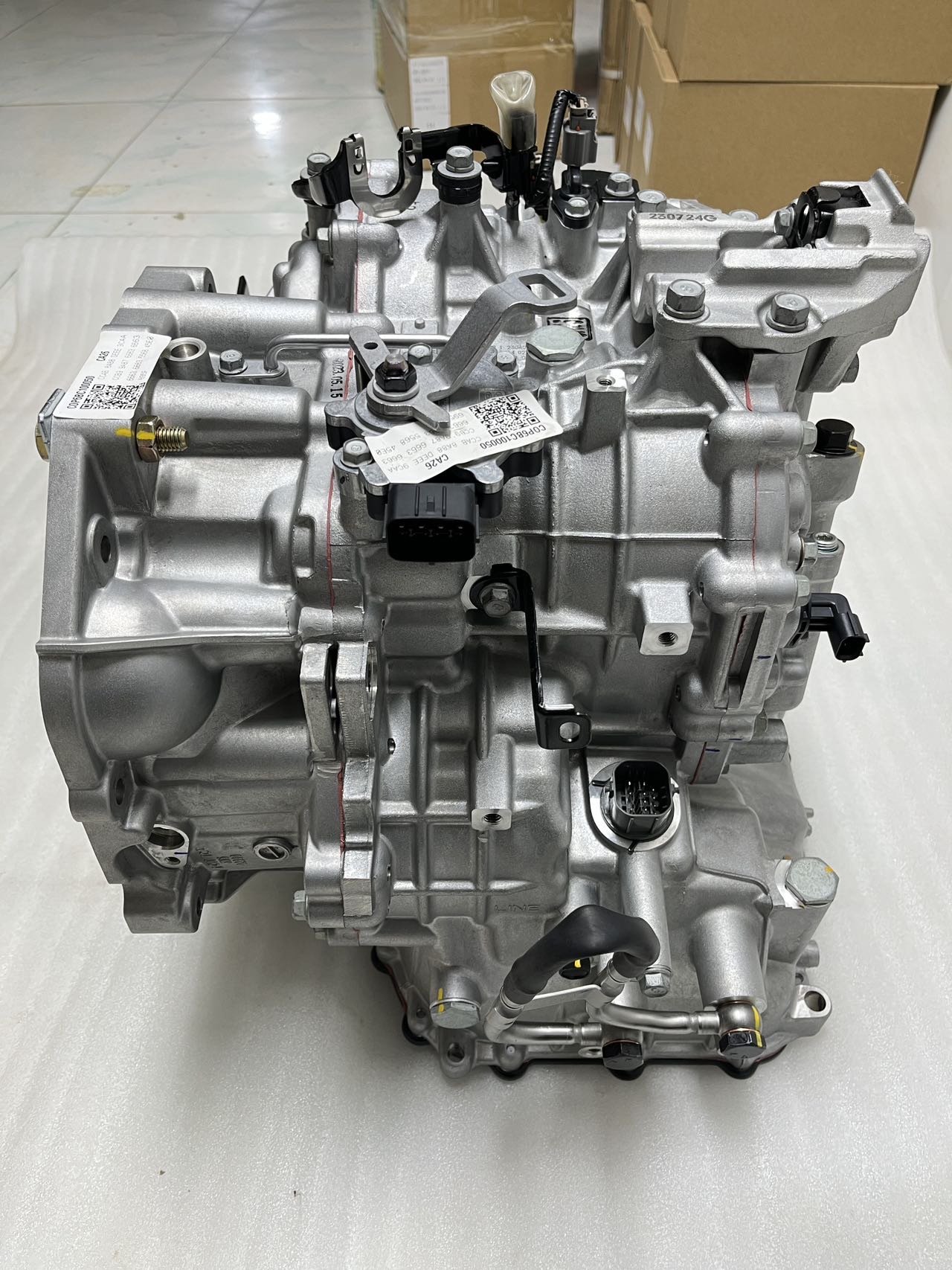 Hyundai Kia automatic transmission assembly side view — showing bell housing, valve body cover, external sensors and mounting points for A6MF1 6-speed gearbox