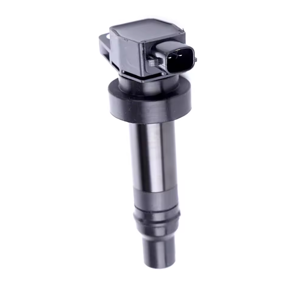 Hyundai Kia ignition coil full view top — OEM-grade COP coil-on-plug for Theta II, Gamma, Nu engine families, showing 3-pin electrical connector and mounting tab, wholesale from Kingmay Auto Parts China
