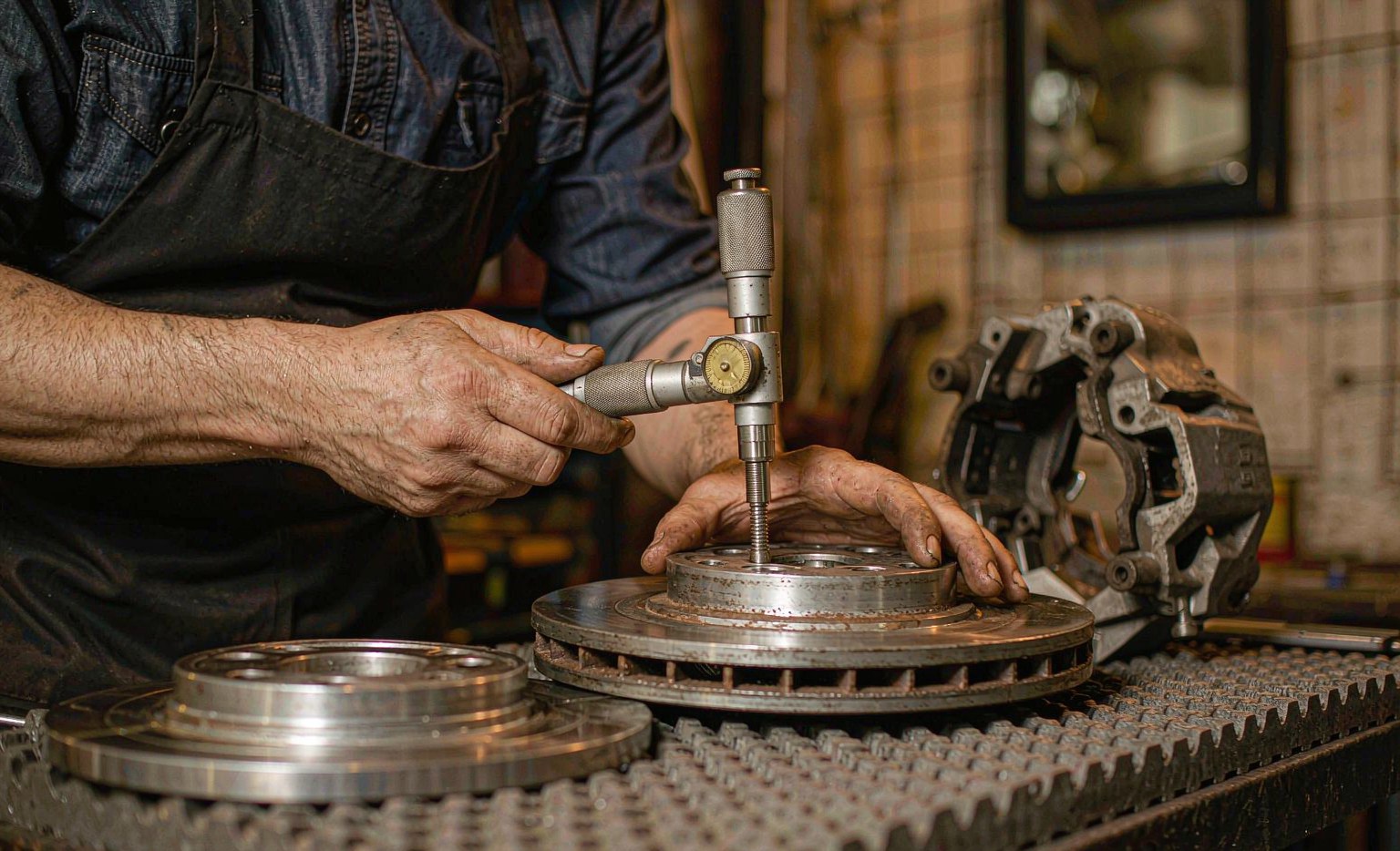 Inspector measuring brake disc thickness and checking surface finish with a micrometer on a workshop bench
