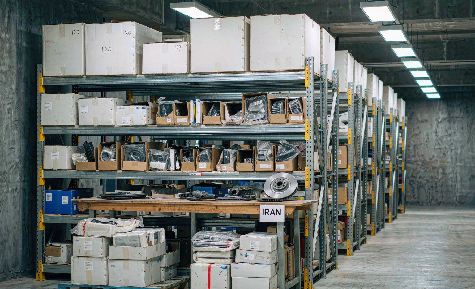 Iran auto parts aftermarket wholesale — Toyota Corolla, RAV4, Hyundai Elantra and Kia Sportage parts for an aging fleet with no official supply line, multi-tier warehouse shelves