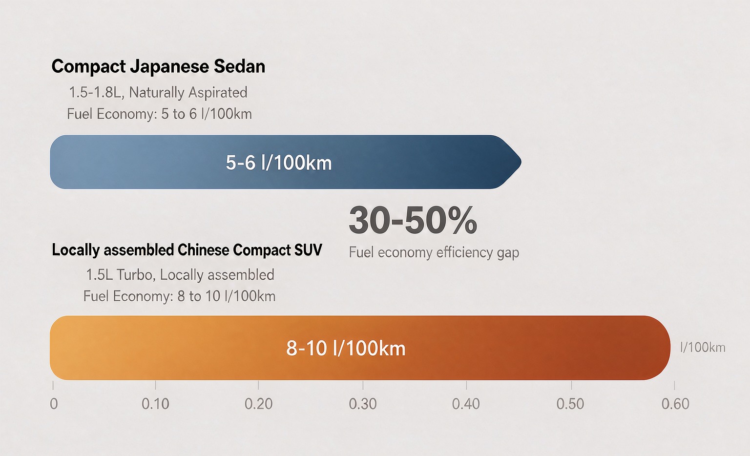 Fuel economy comparison: compact Japanese sedan 1.5-1.8L naturally aspirated at 5-6 L/100km vs locally assembled Chinese compact SUV 1.5T at 8-10 L/100km, a 30 to 50 percent operating-cost gap