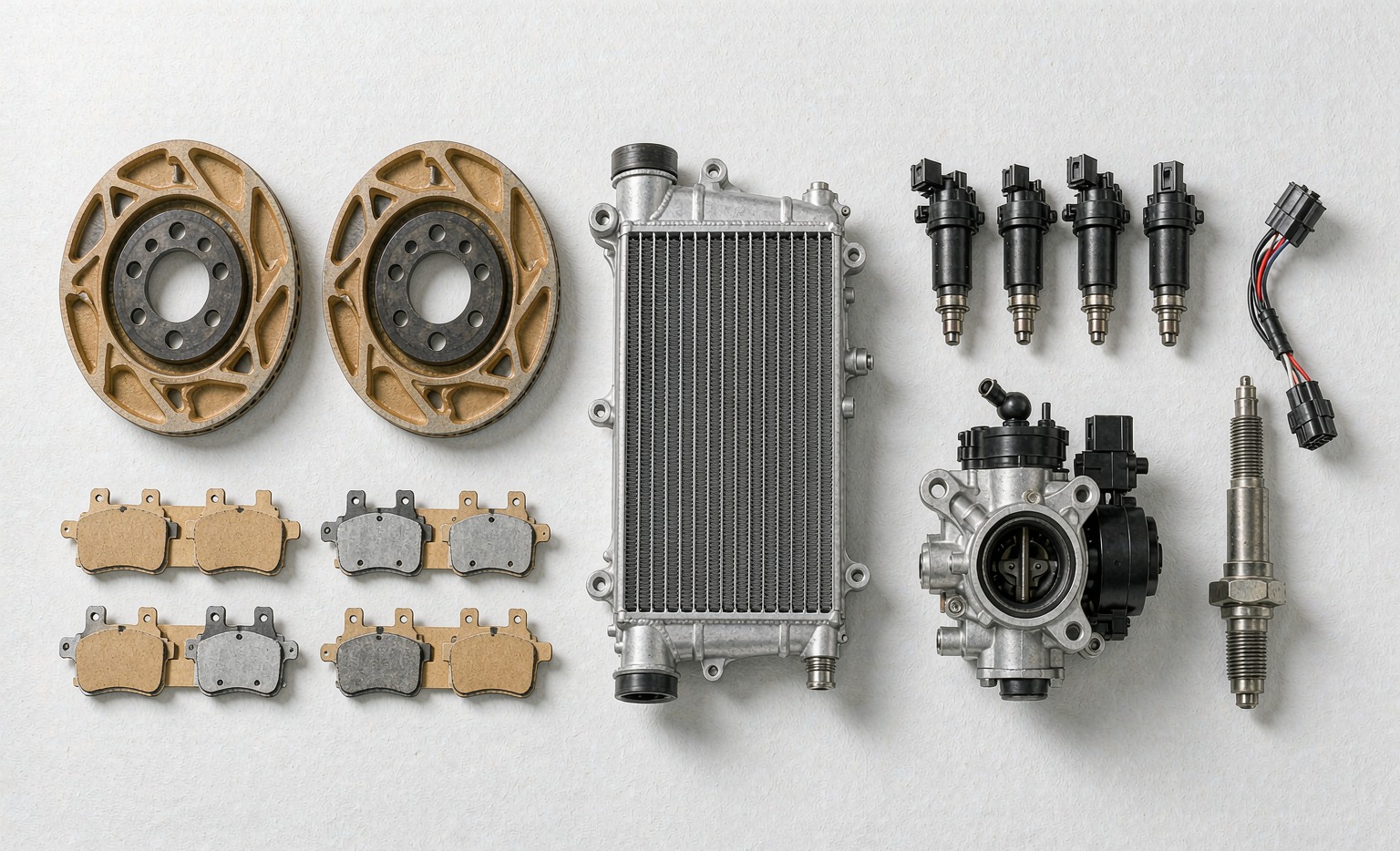 Curated aftermarket parts for a Toyota Corolla 1.8L — vented brake rotors, ceramic pads, aluminum radiator, pencil coils, throttle body and oxygen sensor laid out on a clean surface