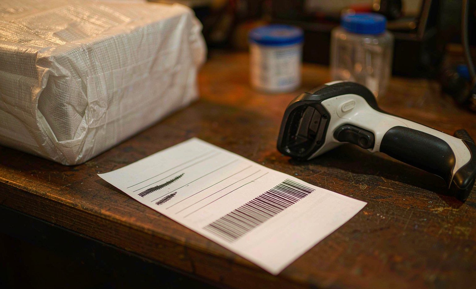 Close view of a parts label and barcode being checked against a purchase list on a workshop bench
