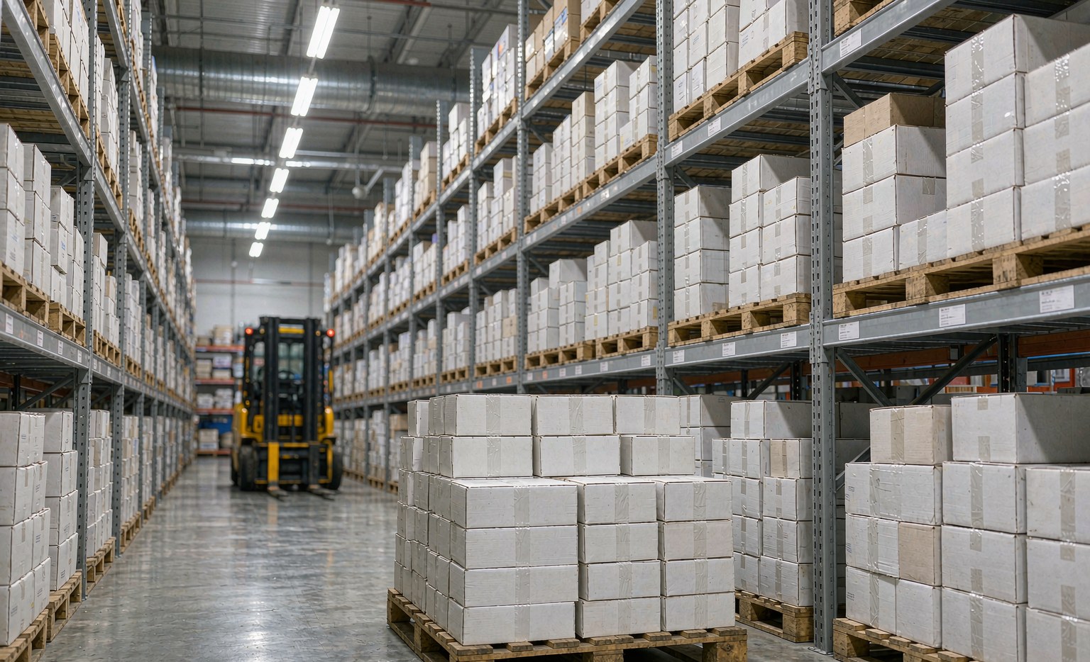 Wholesale auto parts warehouse aisle with pallets of boxed brake pads, filters and suspension components