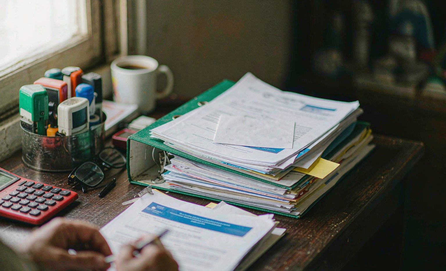 Customs broker's desk with a vehicle import declaration file, stamps, calculator and a clerk writing