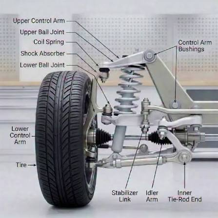 Suspension system cutaway showing upper and lower control arms, ball joints, coil spring, shock absorber, tie rod ends and stabilizer link labeled — OEM-grade wholesale parts from Kingmay Auto Parts China