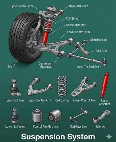 Complete suspension system diagram with labeled components — upper and lower control arms, ball joints, coil spring, shock absorber, tie rod ends and stabilizer link — wholesale parts guide from Kingmay Auto Parts China