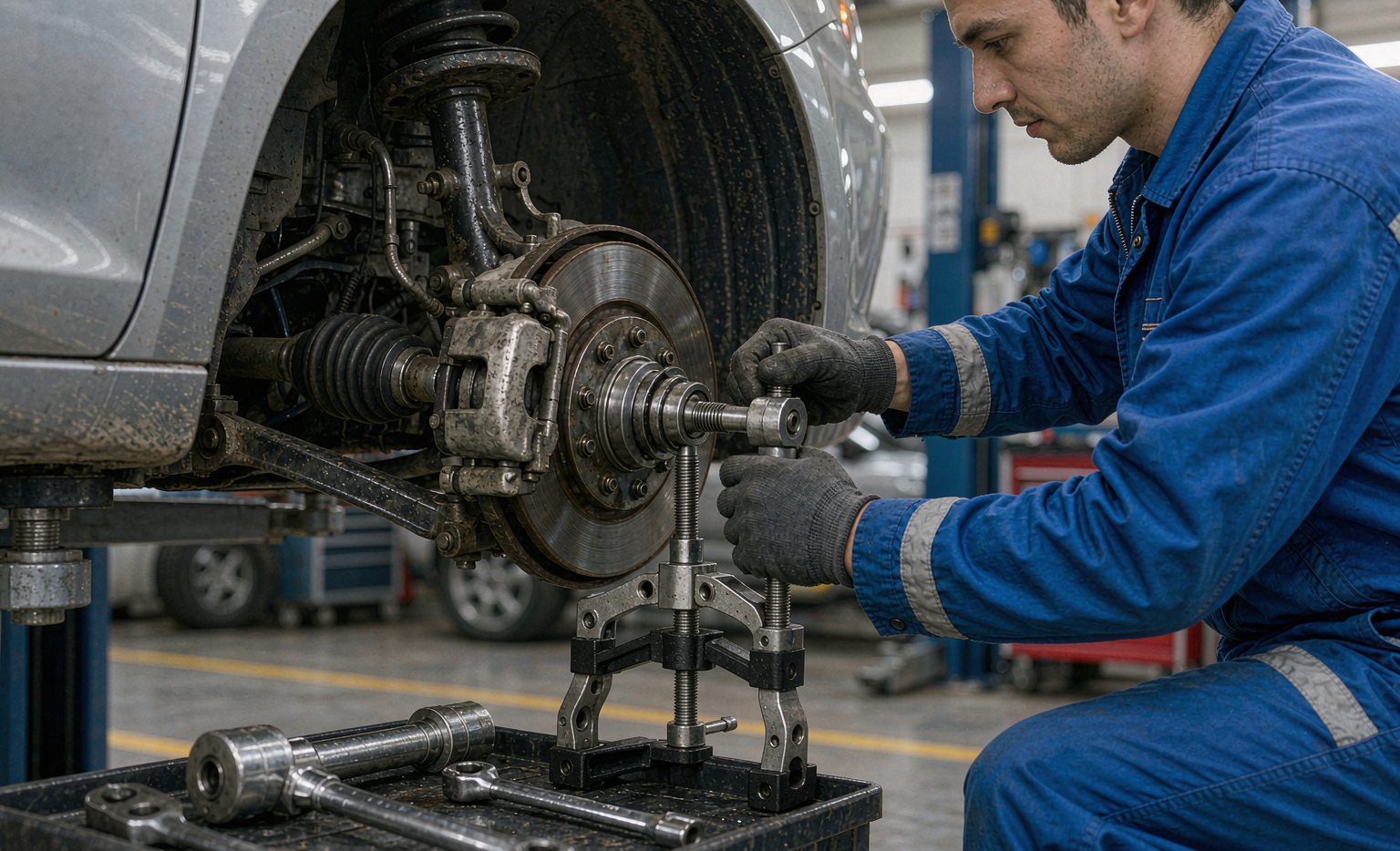 Mechanic replacing an outer tie rod end on a lifted sedan front axle with a tie rod remover tool and the steering rack visible