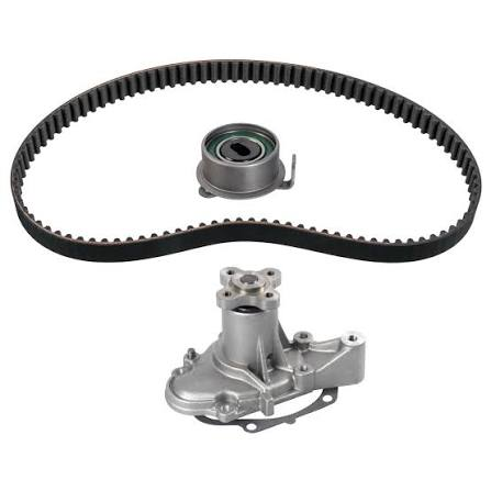 Hyundai Kia timing belt replacement kit with water pump, tensioner pulley, and idler pulley — complete OEM-grade timing belt and water pump bundle for wholesale export from Kingmay Auto Parts China