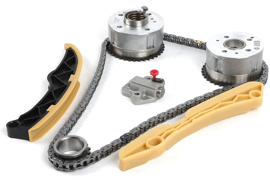 Complete Hyundai Kia timing chain replacement kit with upper and lower guide plates, VVT actuators, chain links, and tensioner assembly — OEM-grade engine timing system for wholesale export from Kingmay Auto Parts China