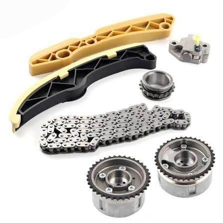 Hyundai Kia timing chain gear and guide plate components with VVT camshaft sprockets and chain links — OEM-grade engine timing system parts for wholesale export from Kingmay Auto Parts China