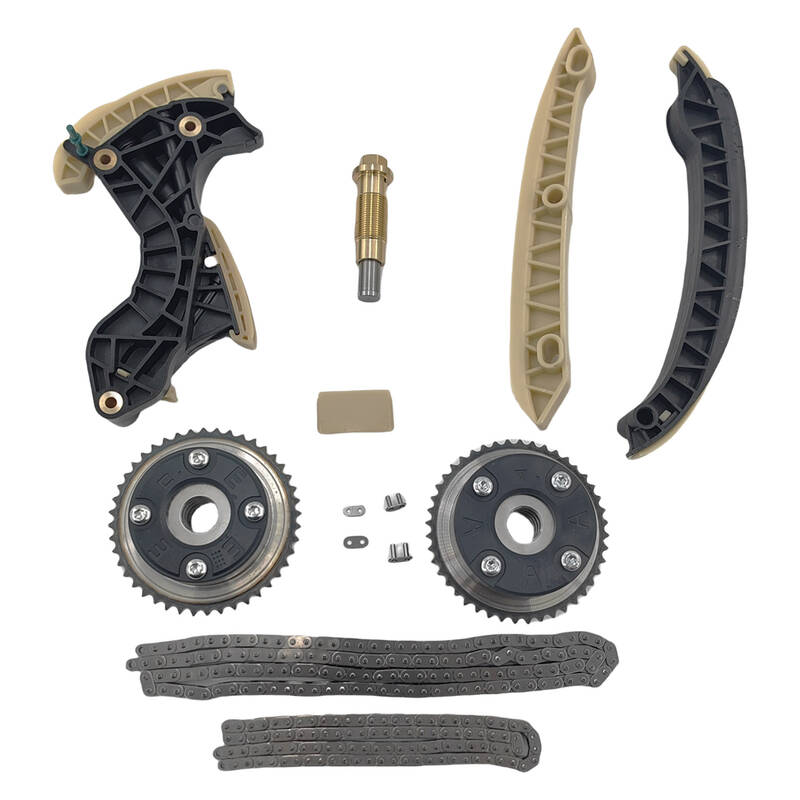 Hyundai Kia timing chain guide plate and tensioner kit with VVT gears, chain links, and camshaft timing components — OEM-grade engine parts for wholesale export from Kingmay Auto Parts China