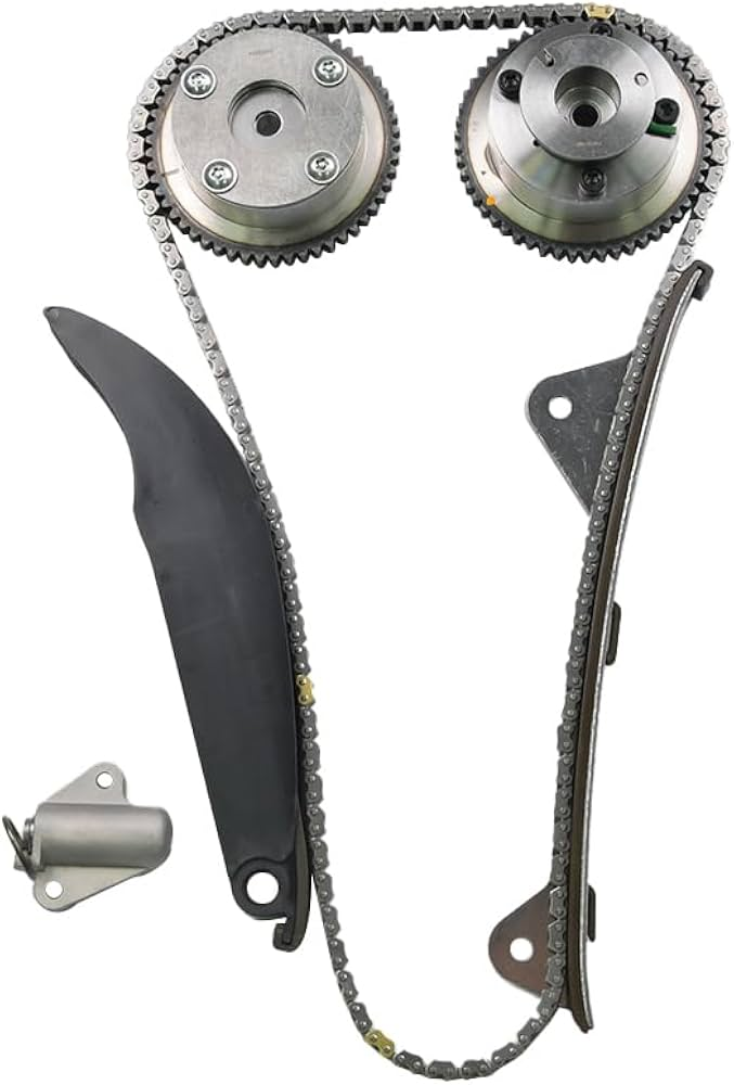 Hyundai Kia timing chain VVT kit with variable valve timing gears, steel chain, tensioner, and guide rails — complete OEM-grade timing system components for wholesale export from Kingmay Auto Parts China