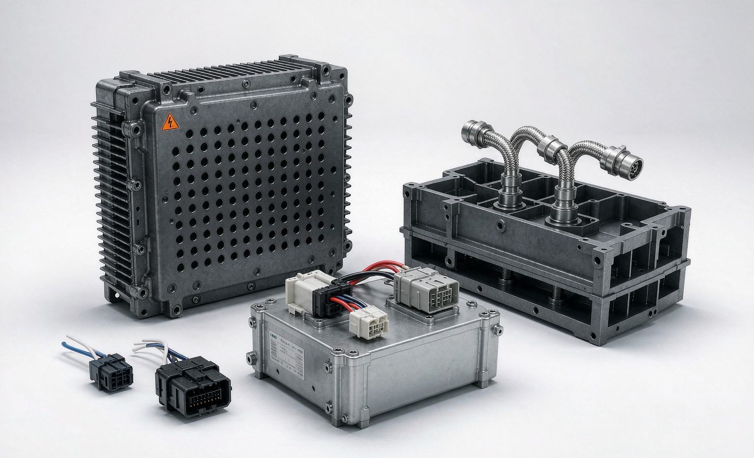 Toyota RAV4 2026 2.5L hybrid system components: MG1/MG2 inverter housing, battery cooling plate, DC-DC converter, on white background mechanical detail