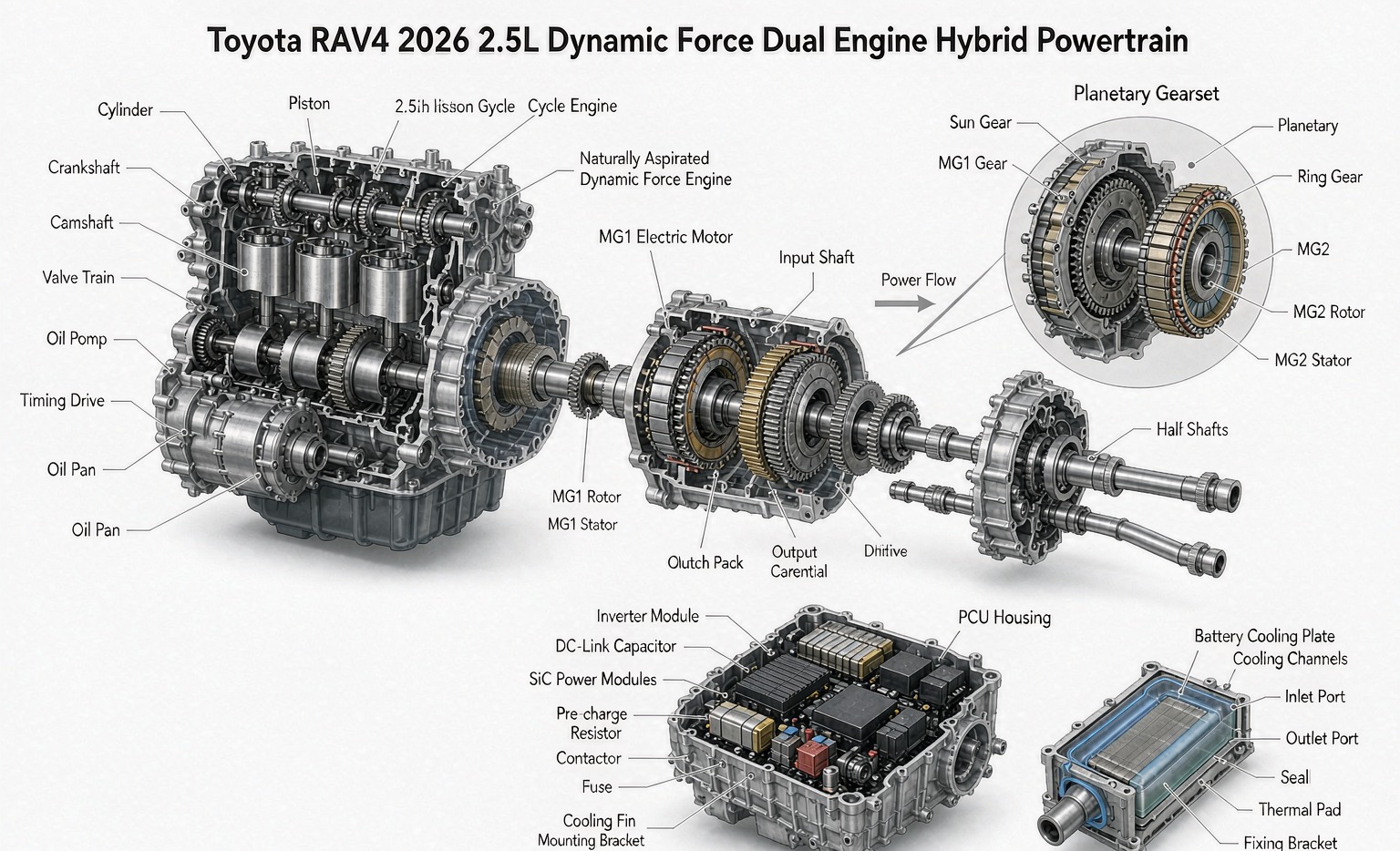 Toyota RAV4 2026 2.5L dual engine hybrid powertrain with hybrid cooling system detail, white background, mechanical illustration