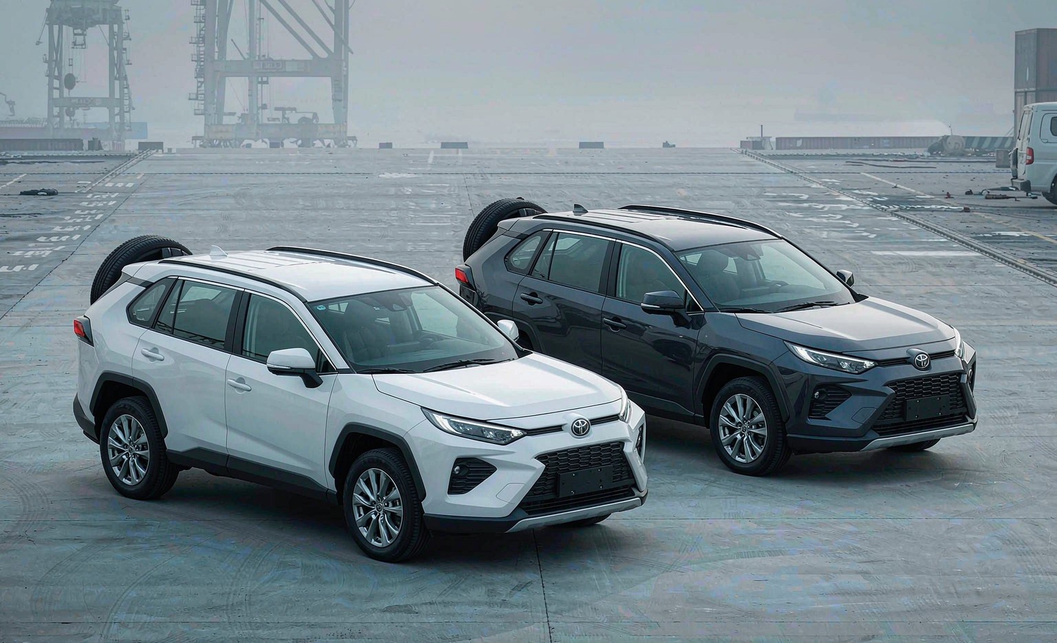 Toyota RAV4 2026 Dual Engine 2.5L 4WD Luxury and Flagship side-by-side on Chinese port export ramp — Khorgos FOB pricing for five trims