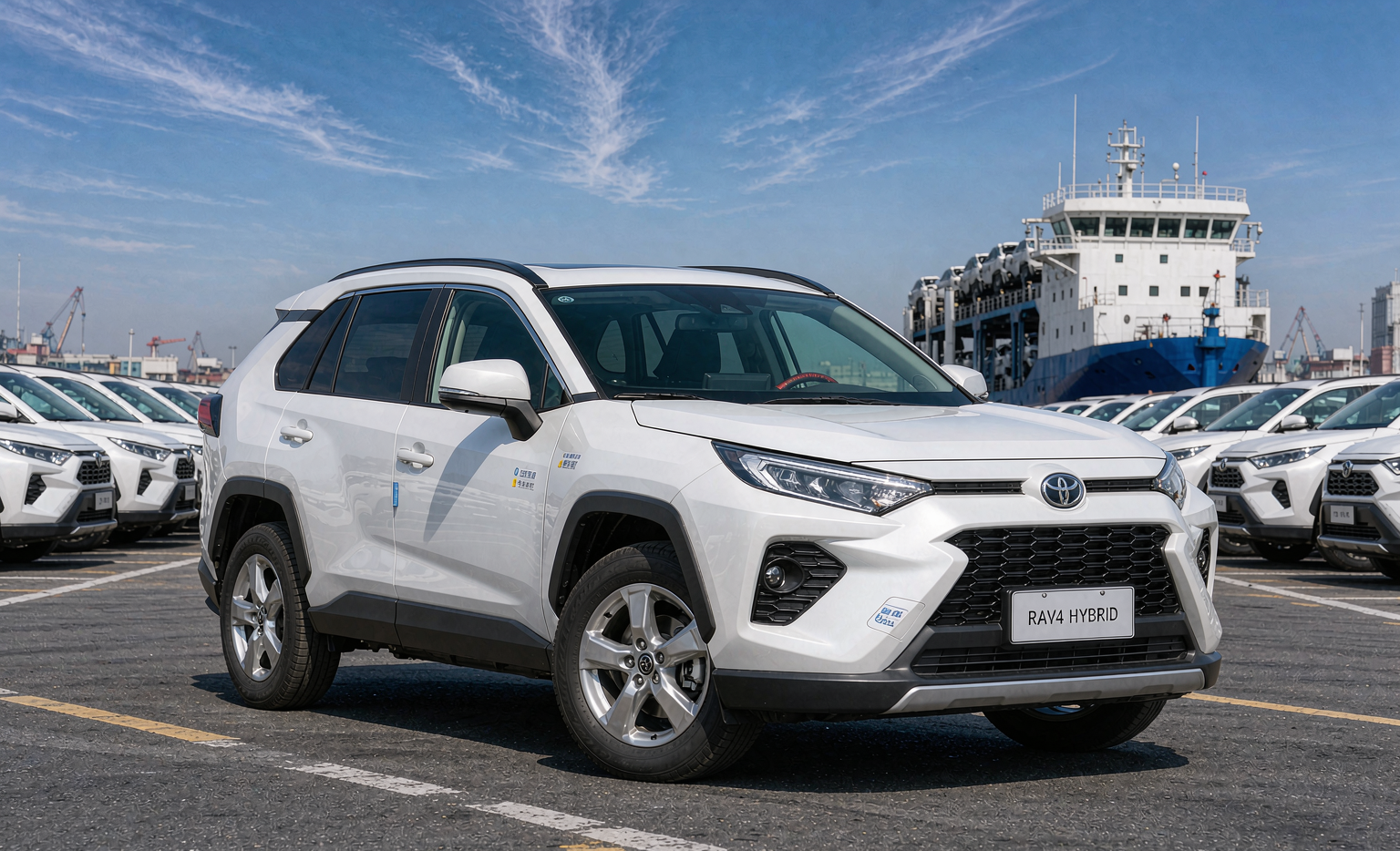 2026 Toyota RAV4 Hybrid sixth-generation export from China — FAW Toyota Rongfang all-hybrid lineup with 2.0L and 2.5L Dual Engine, 163 kW system output, E-Four AWD and 4.2-5.2L/100km WLTC fuel economy, in-stock used units from 23,250 USD FOB Nansha and new HEV from 19,500 USD, 5-market landed cost for UAE Saudi Nigeria Kenya Kazakhstan