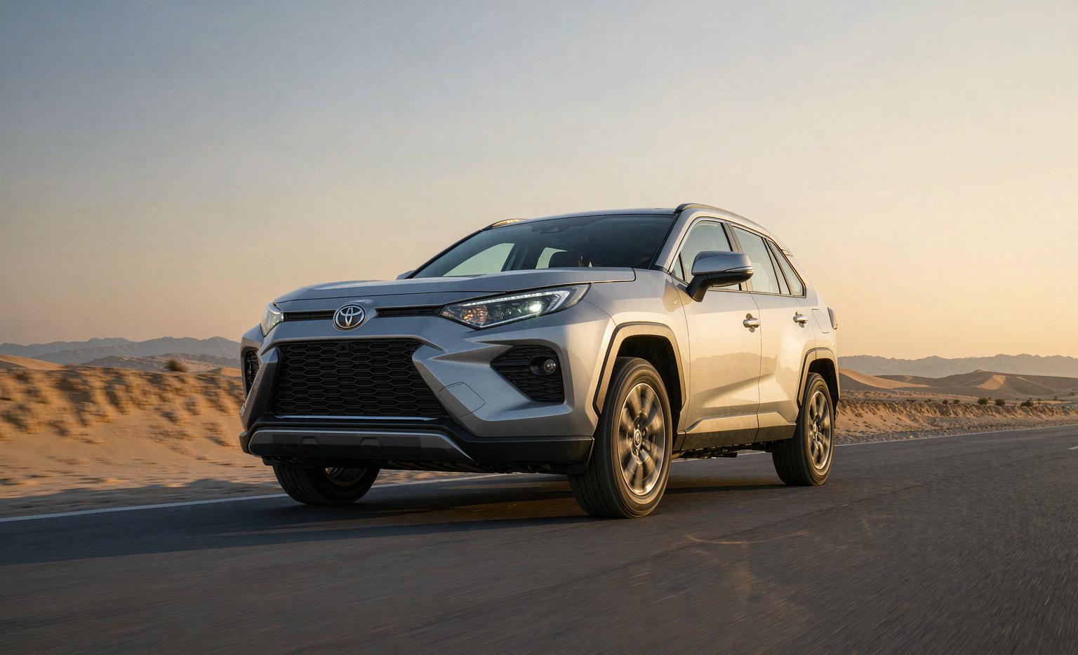 Toyota RAV4 Hybrid SUV driving on a Middle East desert highway at golden hour — sixth-generation 2.5L Dual Engine with E-Four AWD exported from China for Gulf markets, 5.0L/100km combined consumption