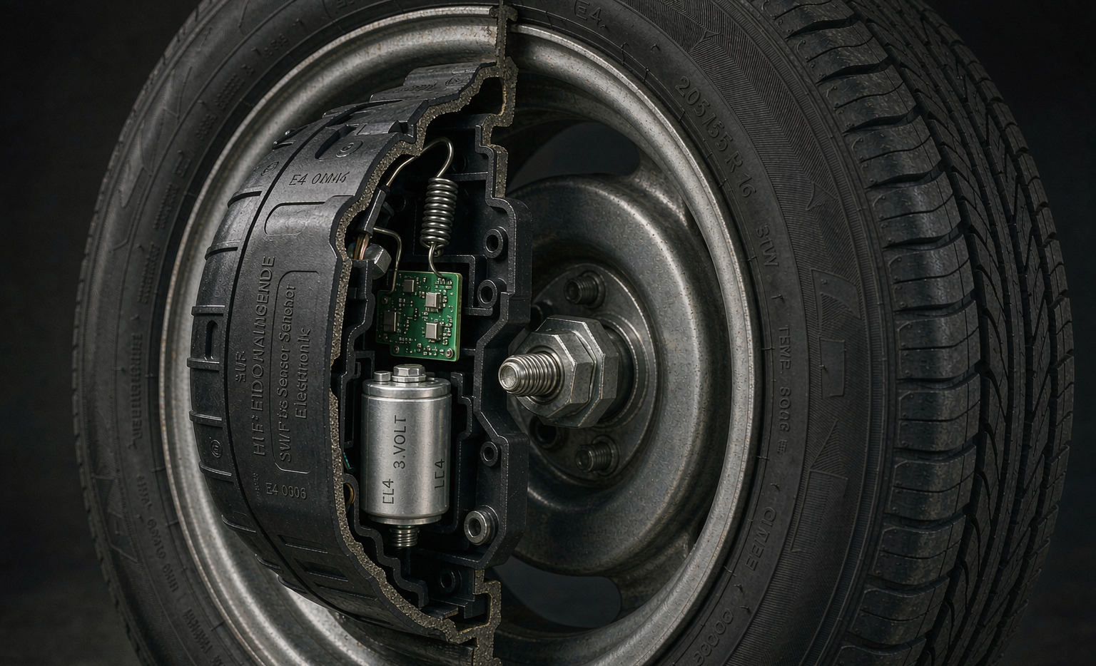 Cutaway diagram showing OE-grade TPMS sensor mounted inside tire and wheel rim assembly with sensor body battery and antenna visible
