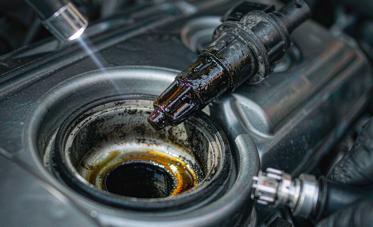 Technician shining a torch into a spark plug well with the ignition coil removed, showing pooled engine oil on the plug base