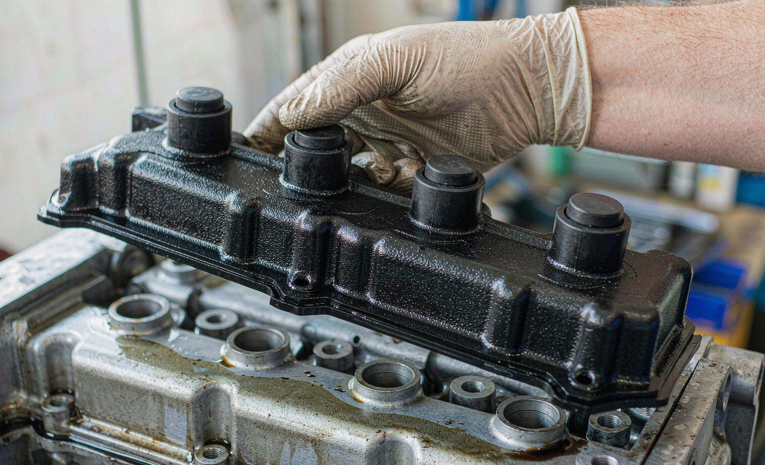 A rubber valve cover gasket lifted off an aluminium cylinder head in a workshop
