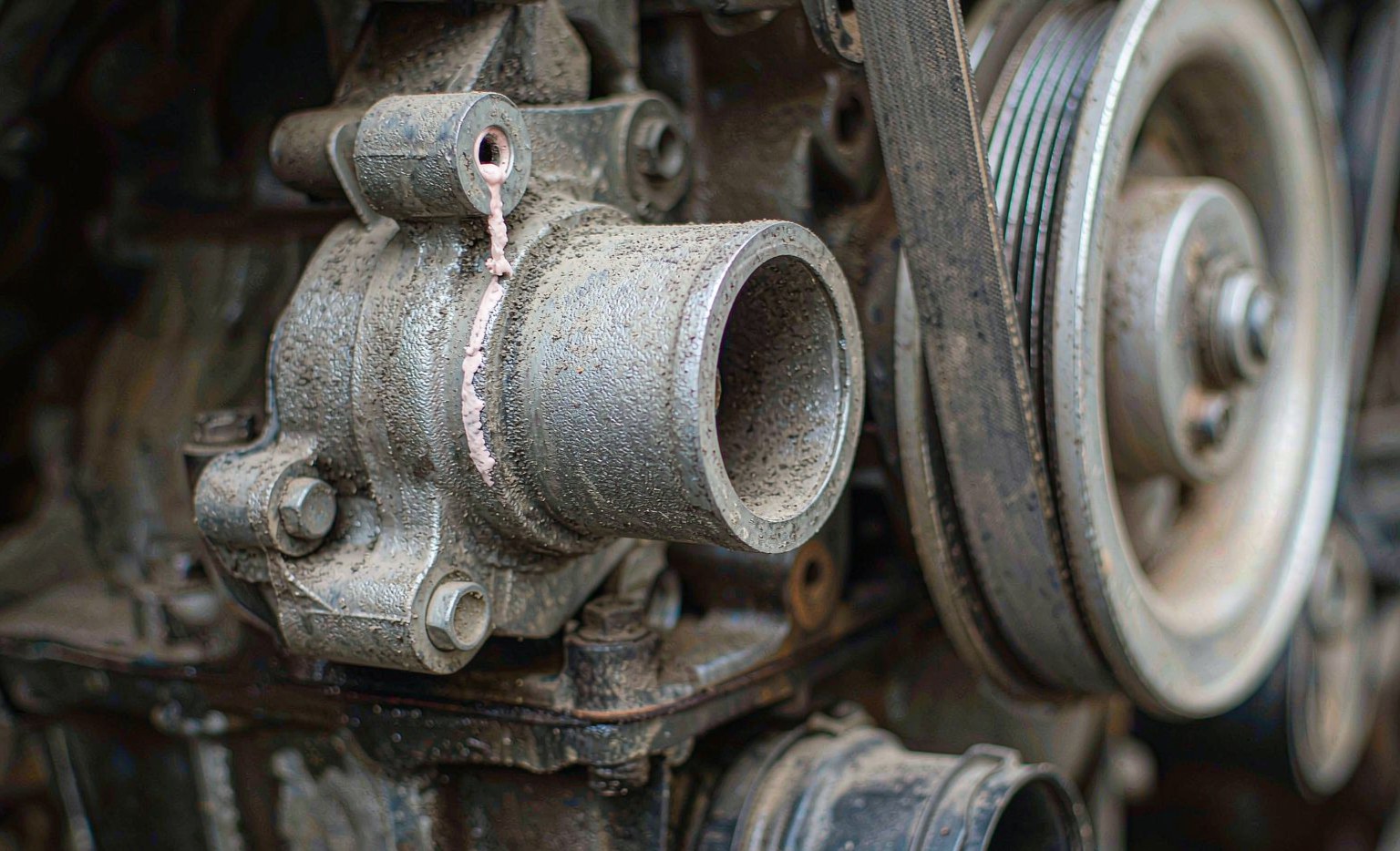 Close-up of a water pump on an engine block with dried coolant residue staining below the weep hole