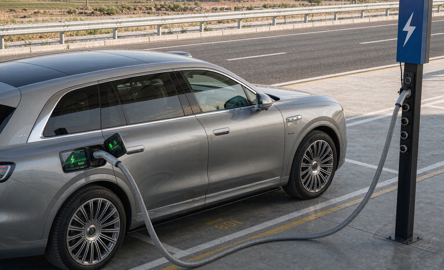 XPENG G9 plugged into an 800V ultra-fast DC charging station at a highway rest area