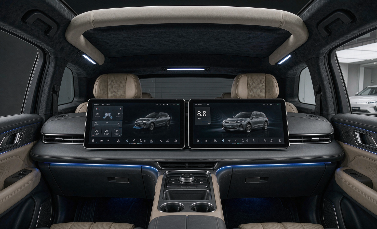 XPENG G9 cockpit with dual 14.96-inch displays, Nappa leather seats and ambient lighting